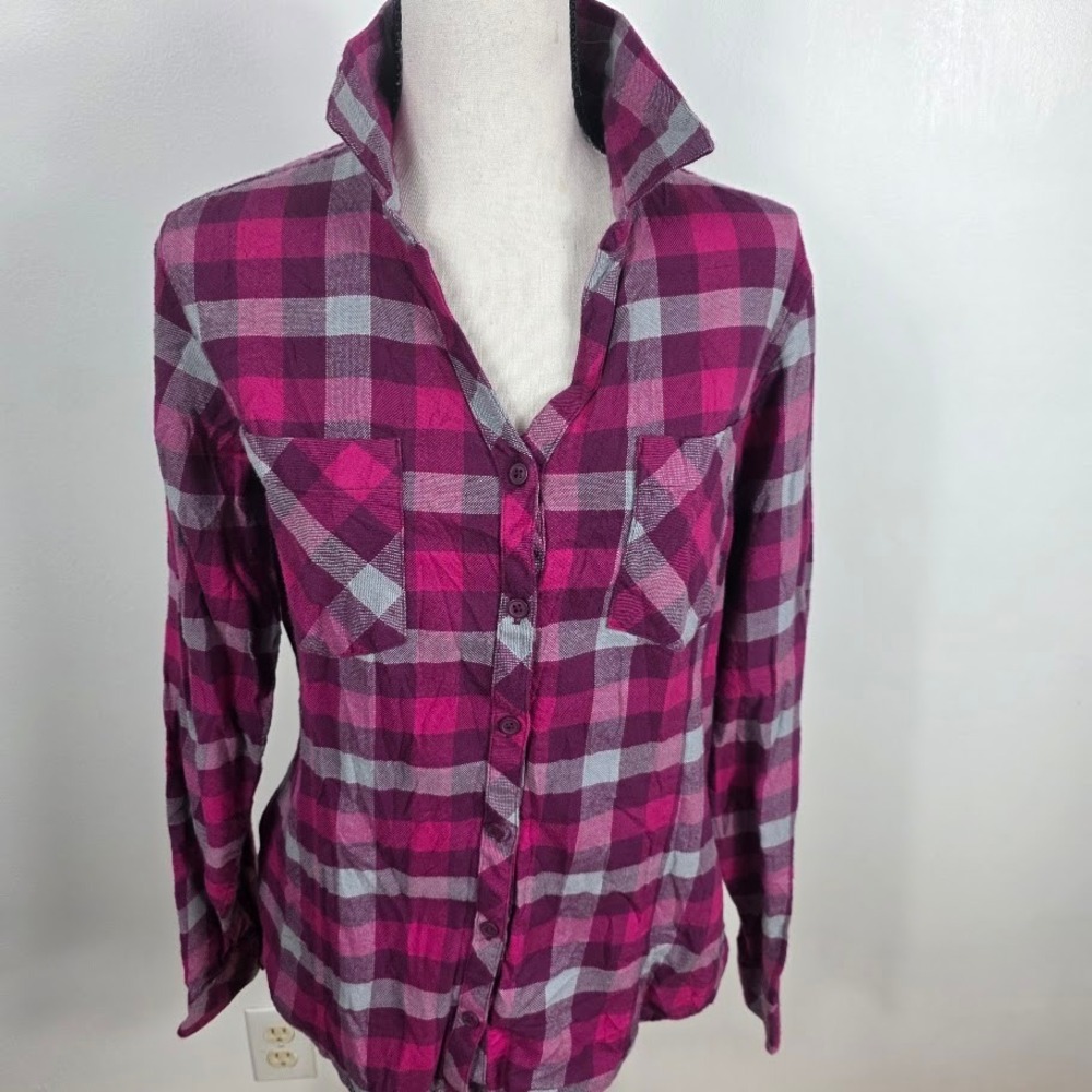Columbia Plaid Button Down Shirt Womens Large Purple Magenta‎ Cotton Excellent